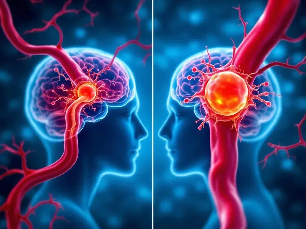 Accident vascular cerebral (AVC): simptome, tipuri, factori de risc și opțiuni de tratament 2 - PrimaClinic.ro 2. Tipuri de accidente vasculare - ilustrație cu două personae, atacuri vascultare cerebrale