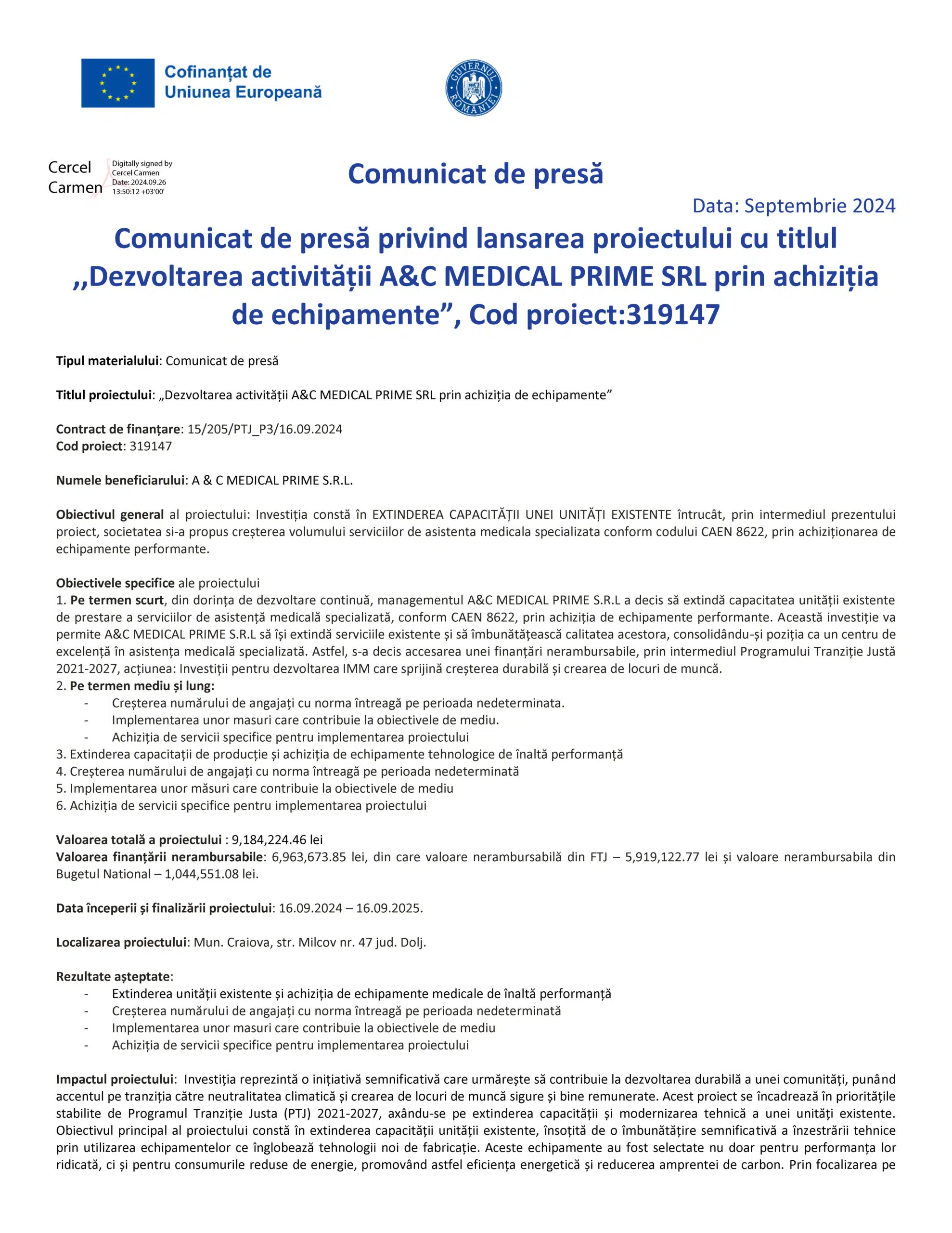 Comunicat de presă privind lansarea proiectului cu titlul ,,Dezvoltarea activității A&C MEDICAL PRIME SRL prin achiziția de echipamente” 1 - PrimaClinic.ro 24.2 Comunicat de presa incepere proiect varianta avizata Page 1 scaled 1 - Primaclinic.ro